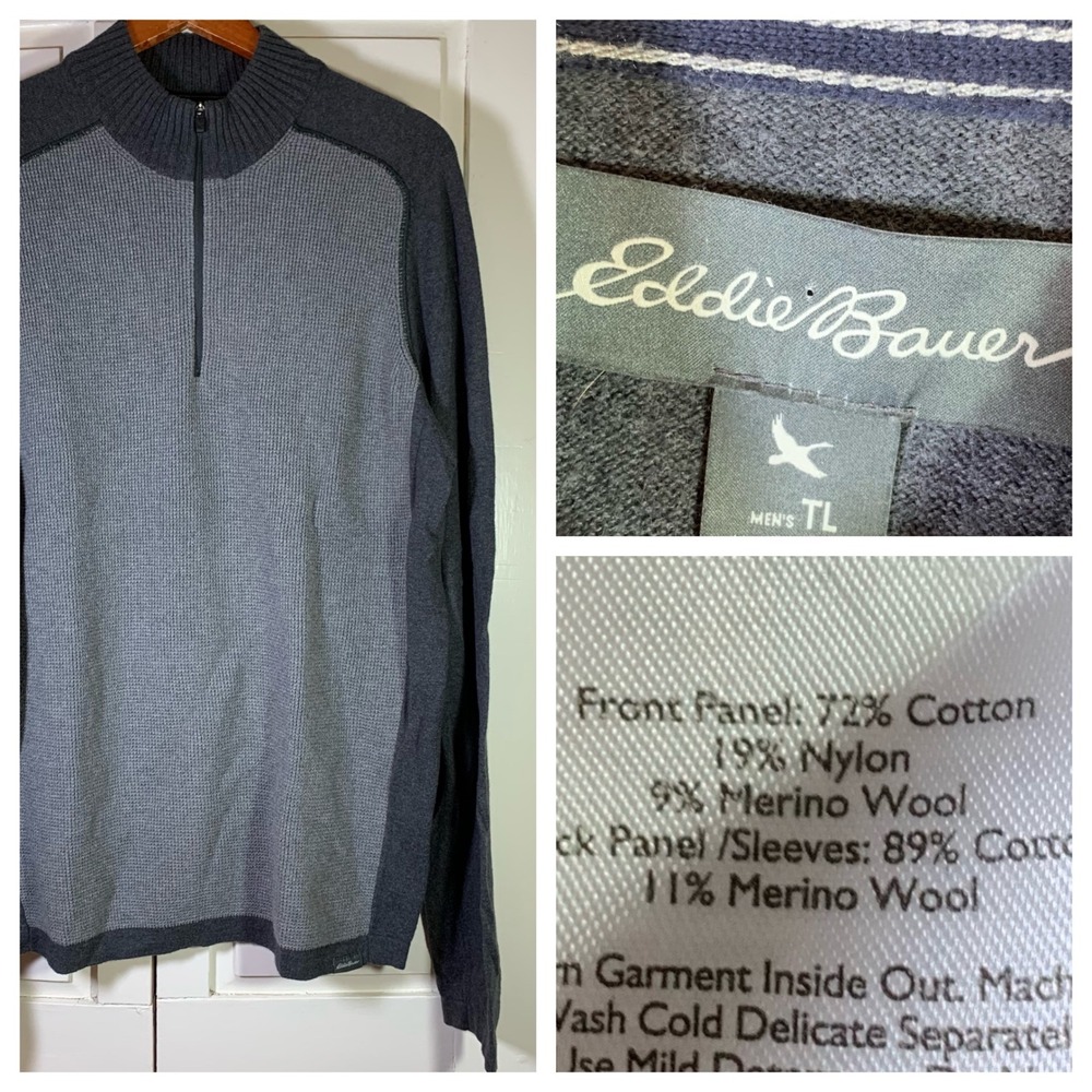 Eddie Bauer Mens Tall TL Grey Colorblock 1/4 Zip Merino Wool Blend Sweater